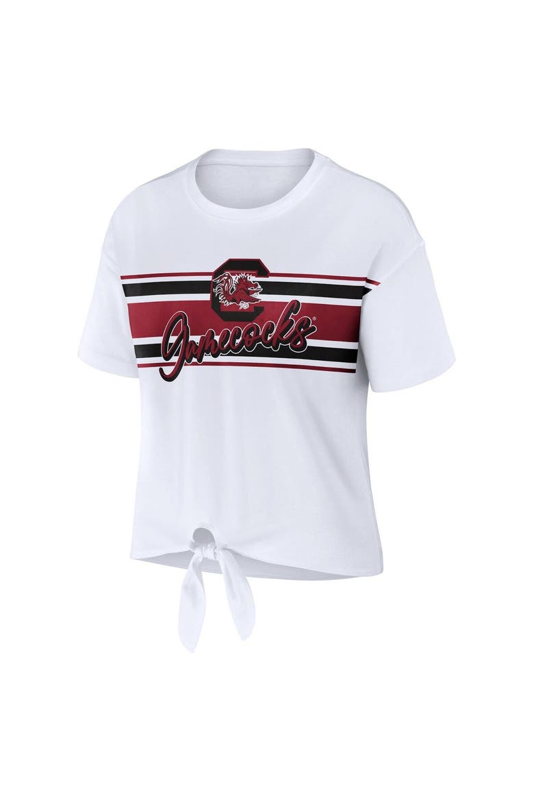 Women's WEAR by Erin Andrews White South Carolina Gamecocks Striped Front Knot Cropped T-Shirt, Alternate, color, White
