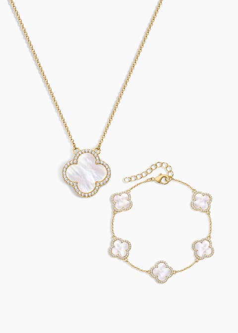 Icon White Clover Bracelet and Necklace - Set of 2