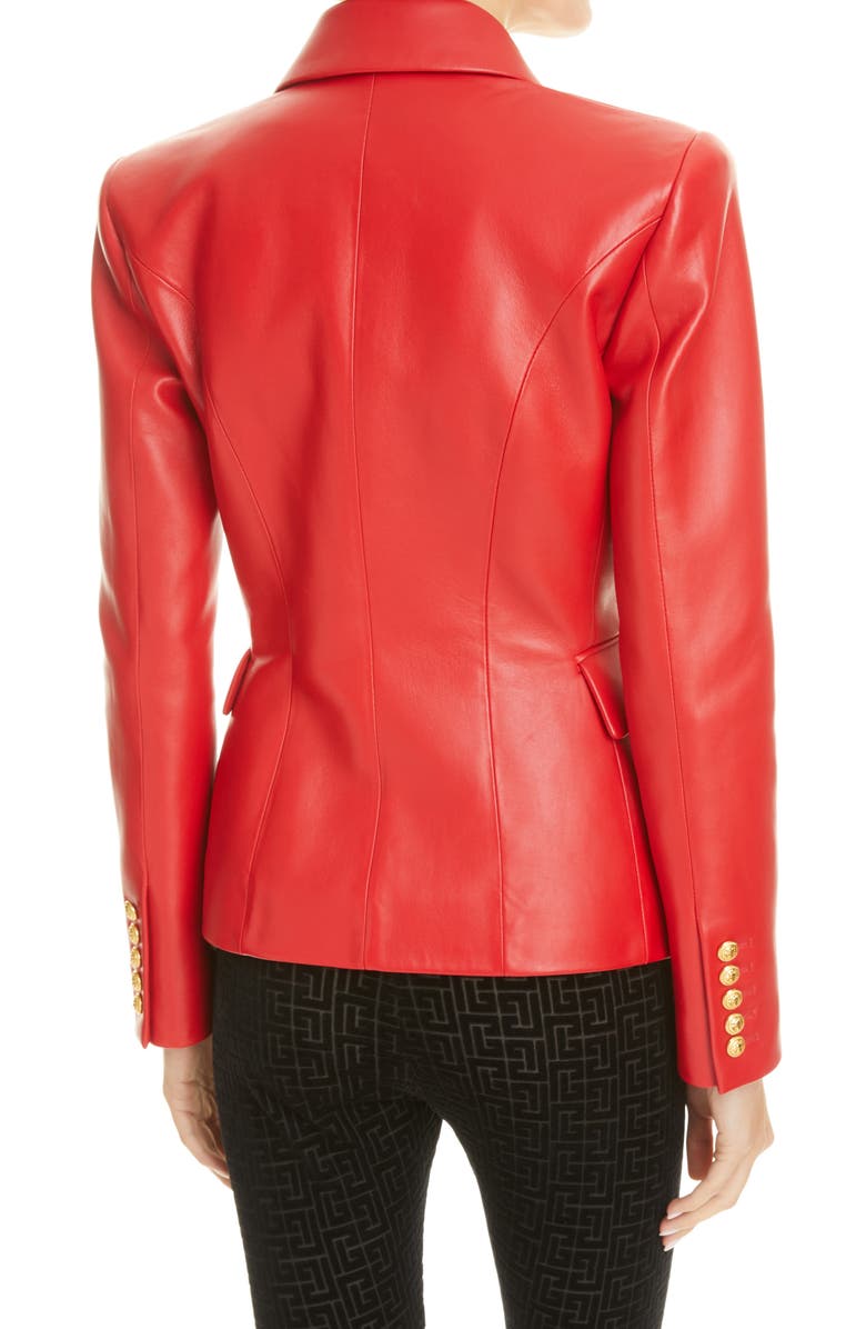 Balmain Double Breasted Leather Blazer, Alternate, color,