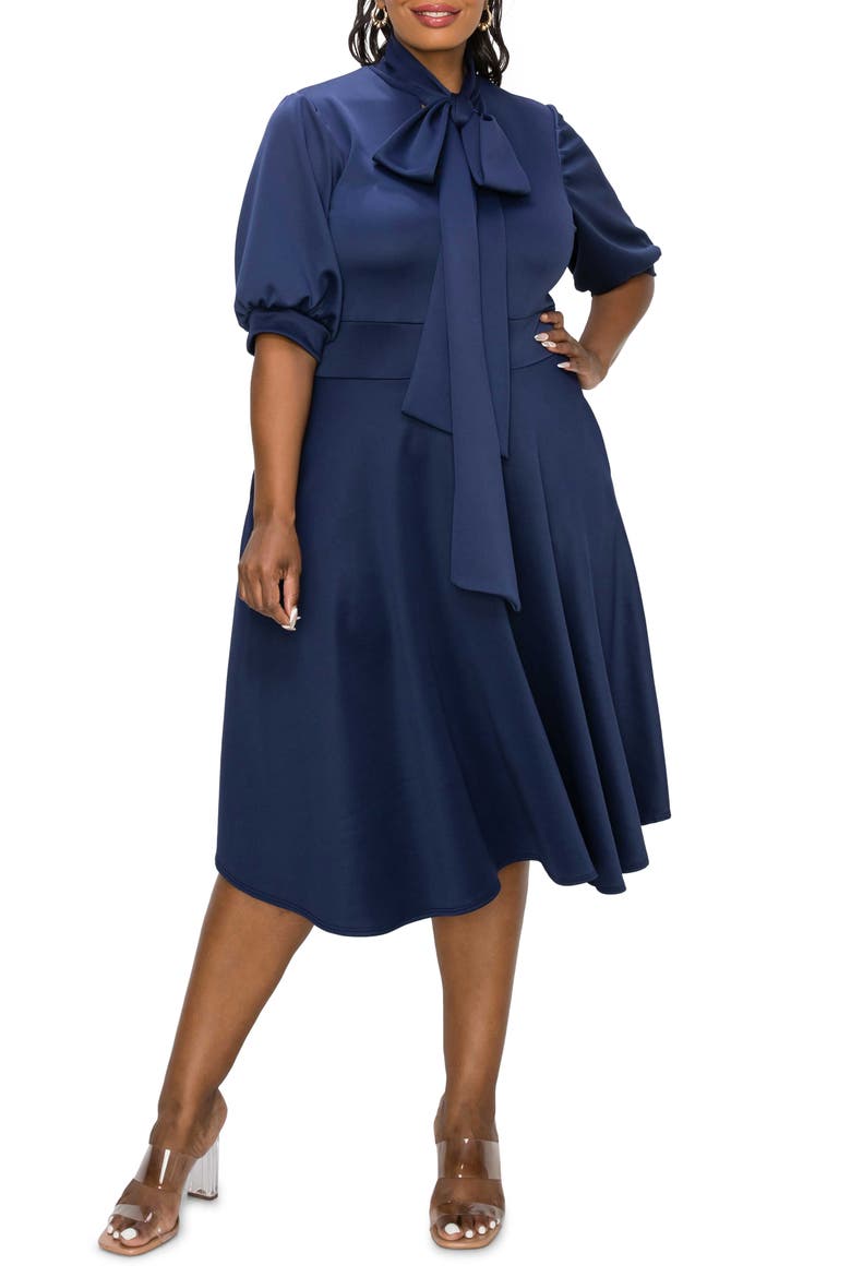 Carina Donna Fit & Flare Midi Dress, Main, color, NAVY