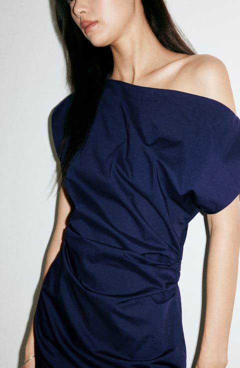 Pleated One-Shoulder Midi Dress