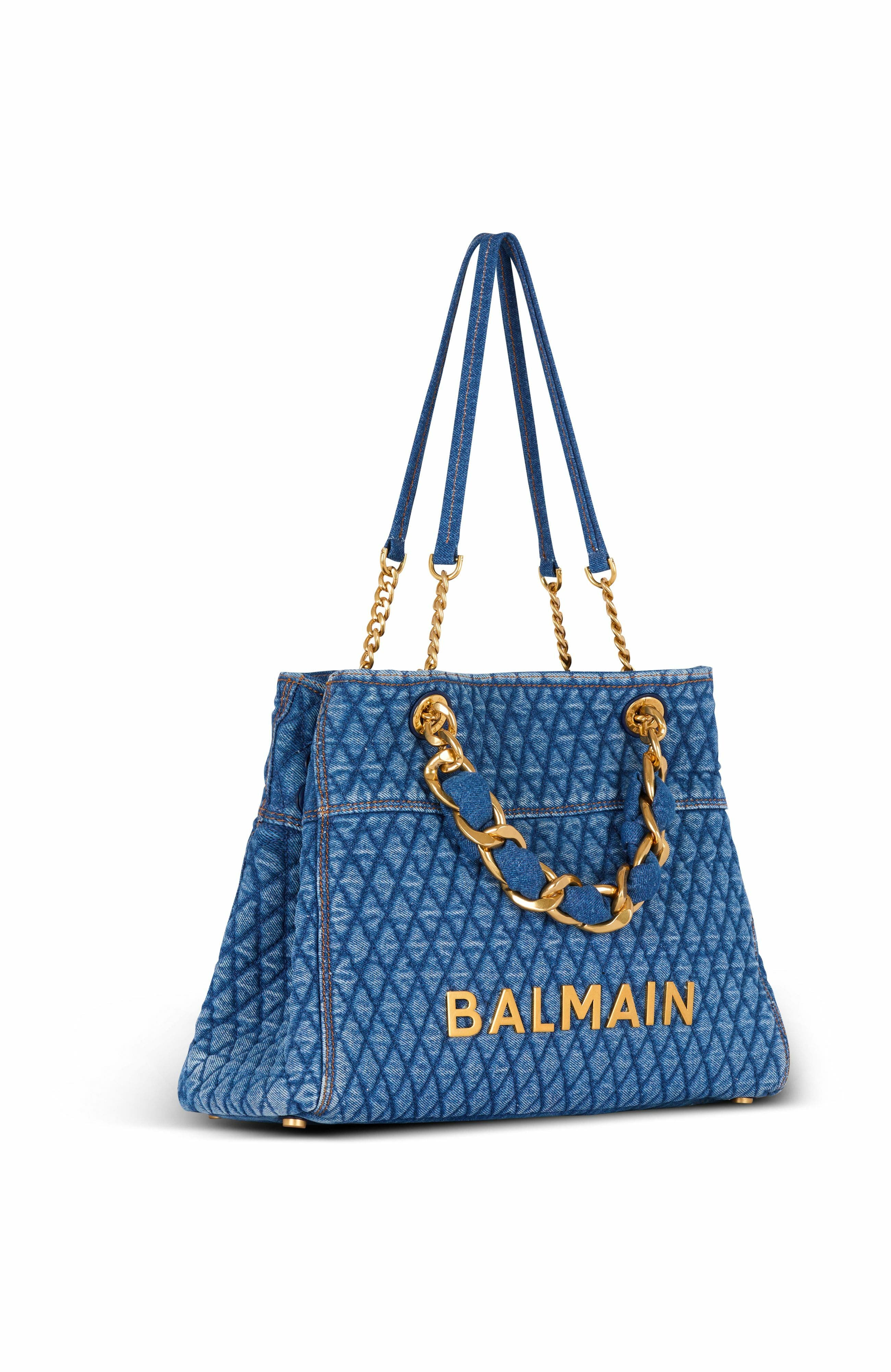 Balmain 1945 Soft Tote Bag In Diamond-Quilted Denim, Alternate, color, 