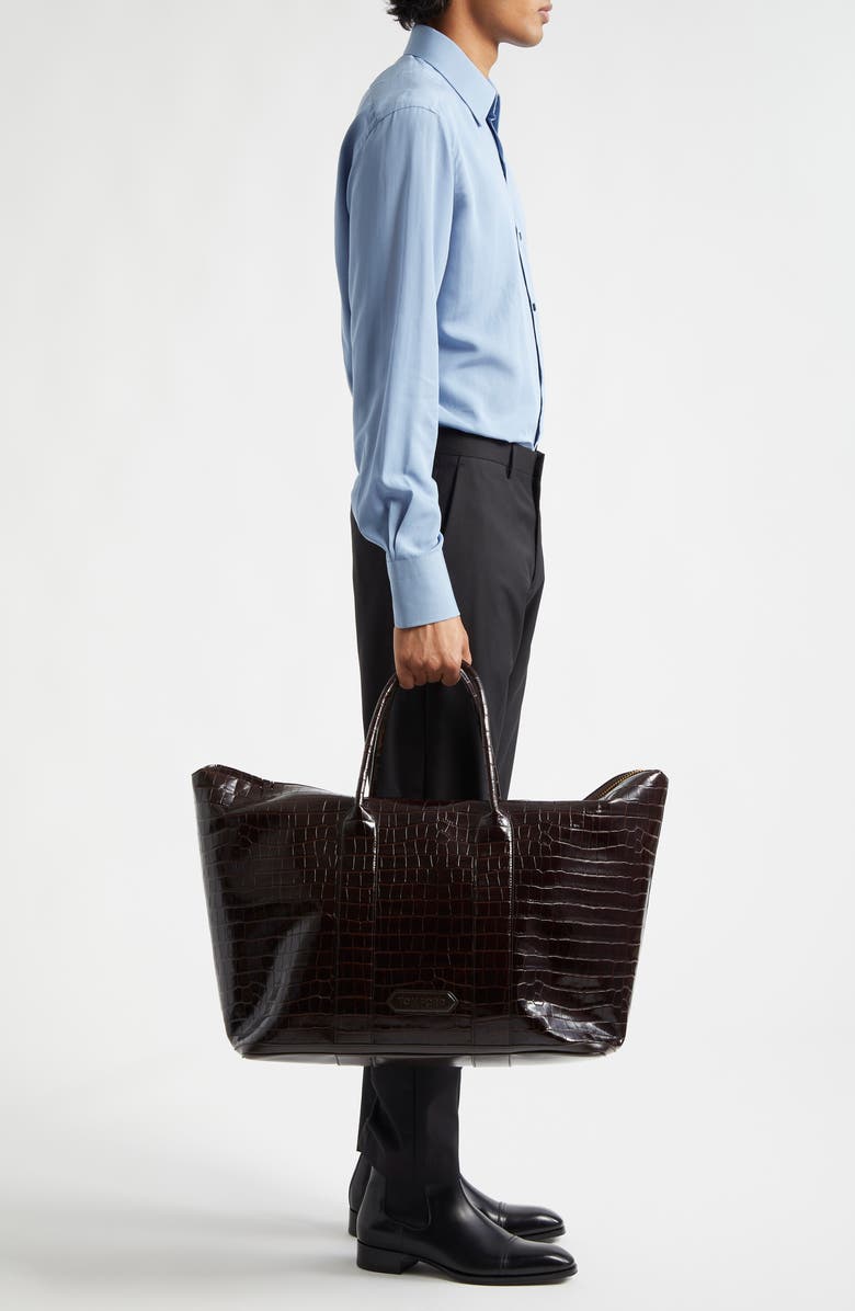 TOM FORD Croc Embossed Leather Travel Bag, Alternate, color, Dark Wood