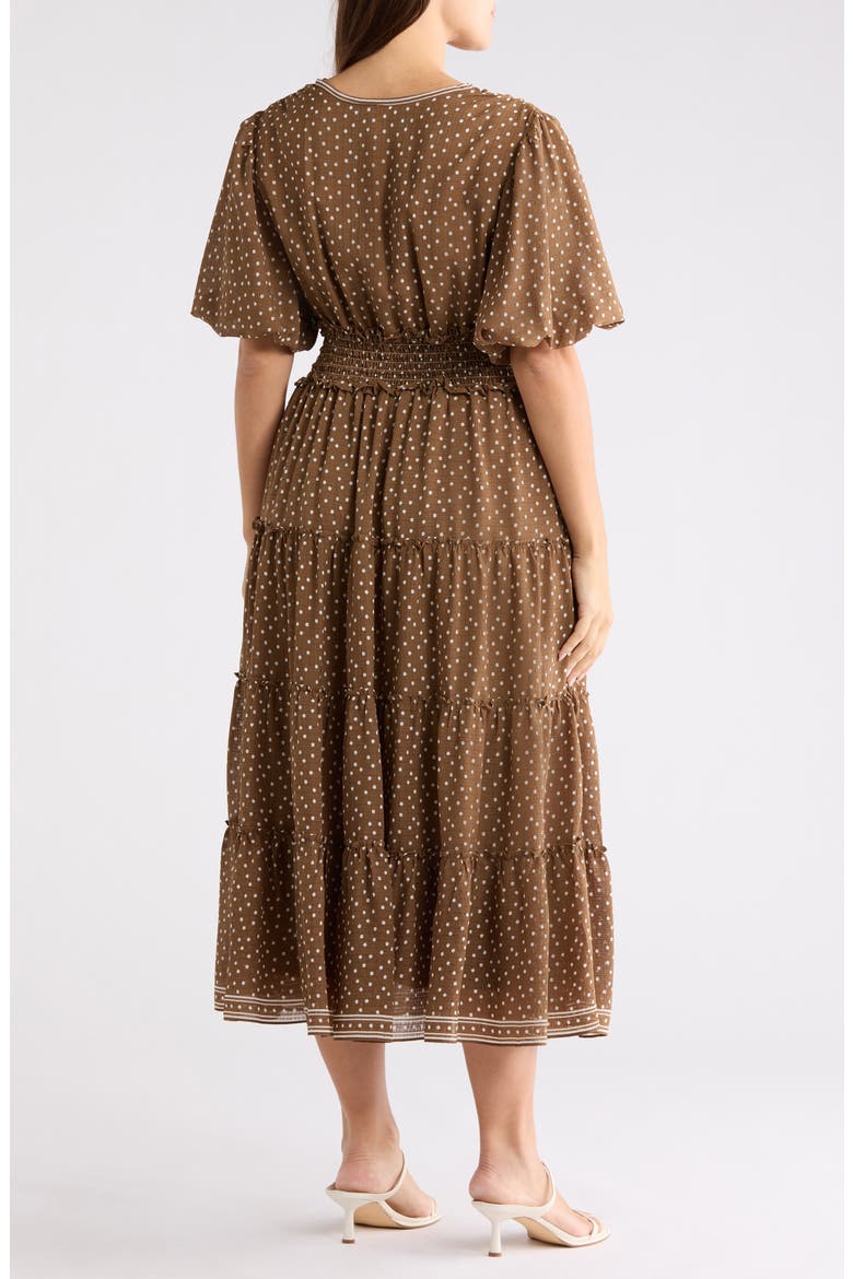 Print Puff Sleeve V-Neck Dress, Alternate, color, MOCHA/ IVORY