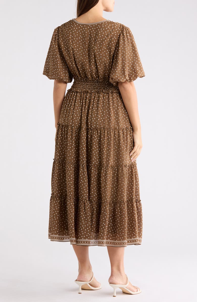 MAX STUDIO Print Puff Sleeve V-Neck Dress, Alternate, color, Mocha/ Ivory