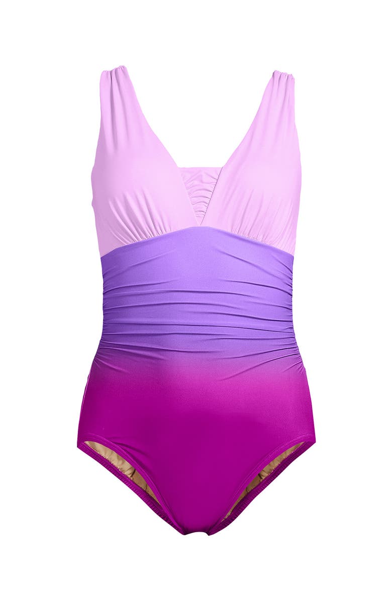 Lands
 End D-Cup Slender Suit Grecian Low Leg One Piece Swimsuit, Alternate, color, Crimson Rose/Purple Ombre