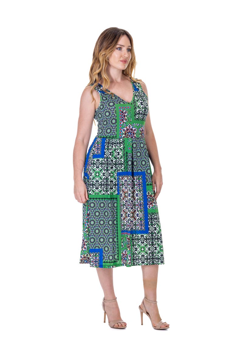 Midi Length Scarf Print Sleeveless Pleated Pocket Dress, Alternate, color, Green Multi