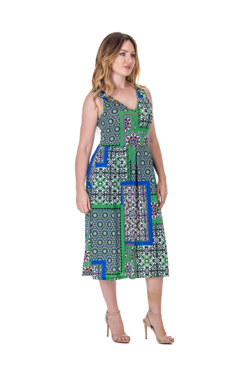 24seven Comfort Apparel Midi Length Scarf Print Sleeveless Pleated Pocket Dress, Alternate, color, Green Multi