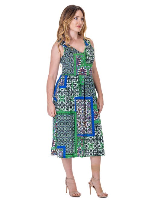 24seven Comfort Apparel Midi Length Scarf Print Sleeveless Pleated Pocket Dress In Multi
