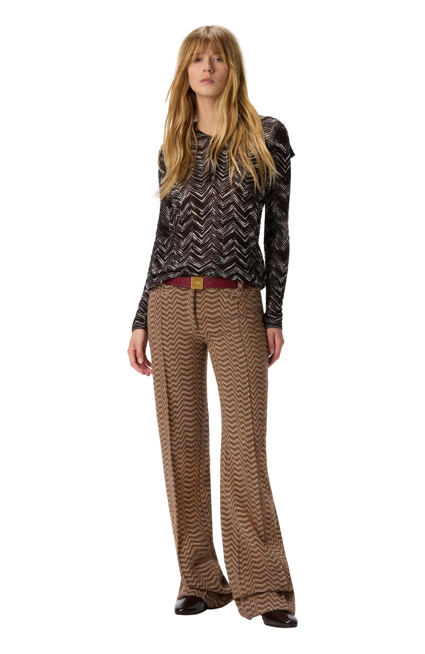 High-neck Buttoned Sweater With Chevron Pattern