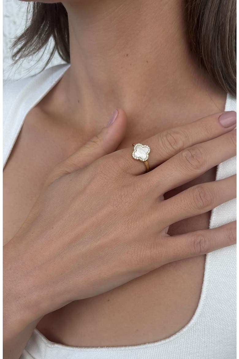 Mother-of-Pearl & Crystal Clover Ring, Alternate, color, WHITE