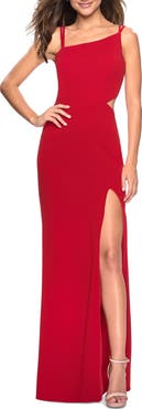 La Femme Asymmetrical Jersey Prom Dress with Cut Outs