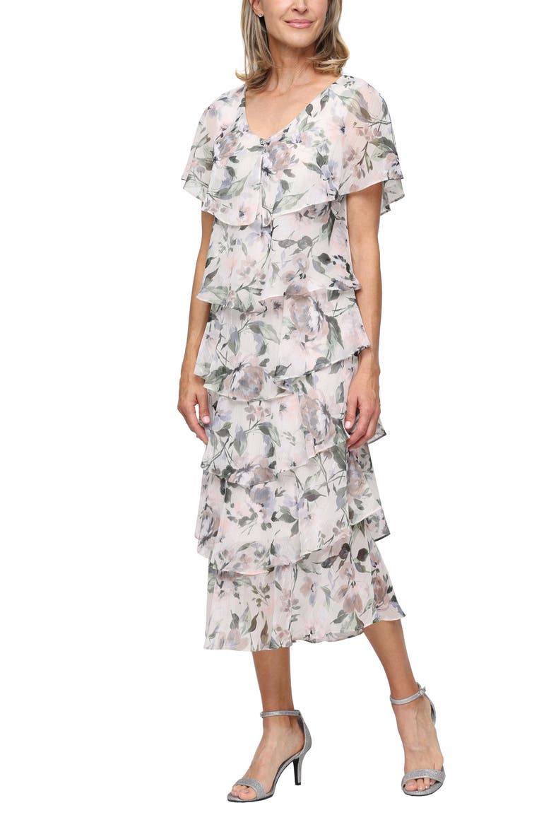 Tiered Floral Shimmer Midi Dress, Main, color, TAUPE MULTI