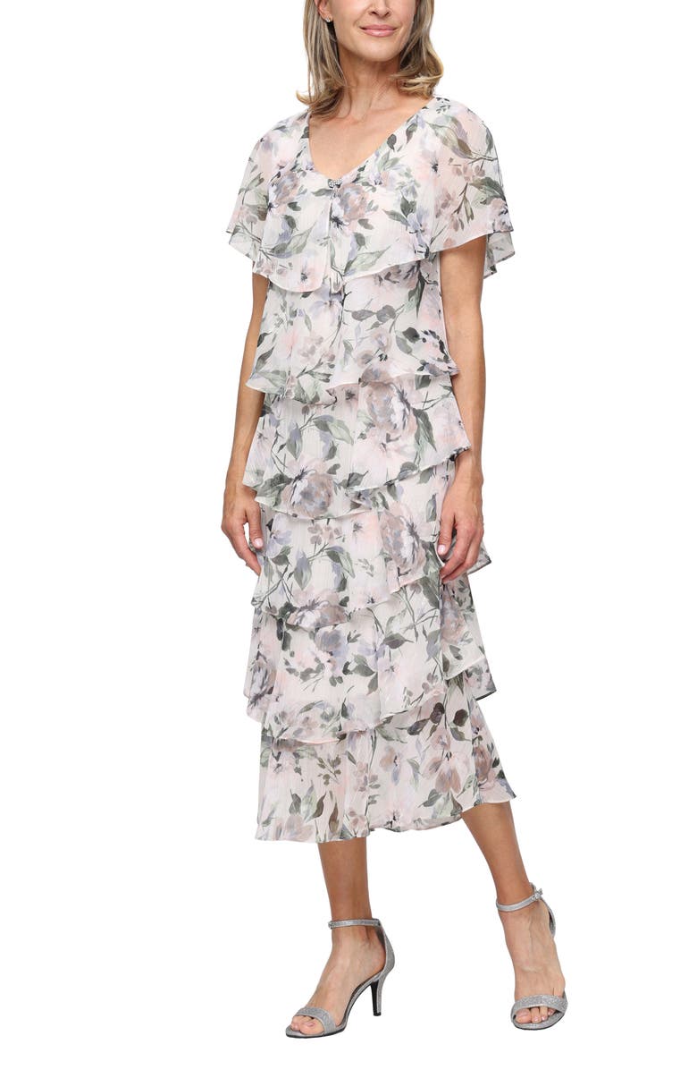 SL FASHIONS Tiered Floral Shimmer Midi Dress, Main, color, Taupe Multi