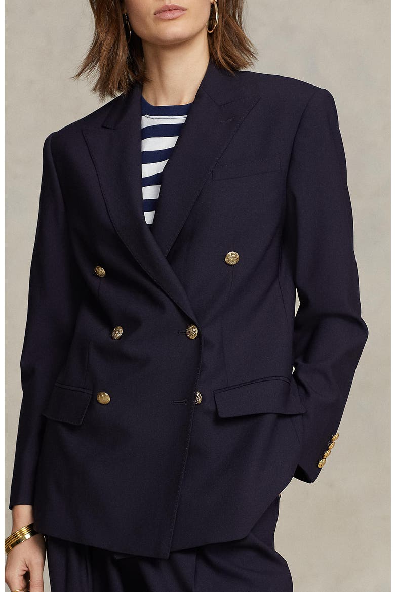 Double Breasted Stretch Wool Jacket, Alternate, color, NAVY