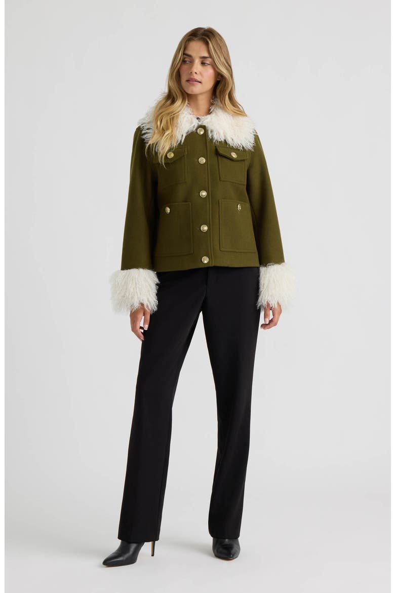 Faux Fur Trim Faux Wool Short Jacket, Alternate, color, OLIVE