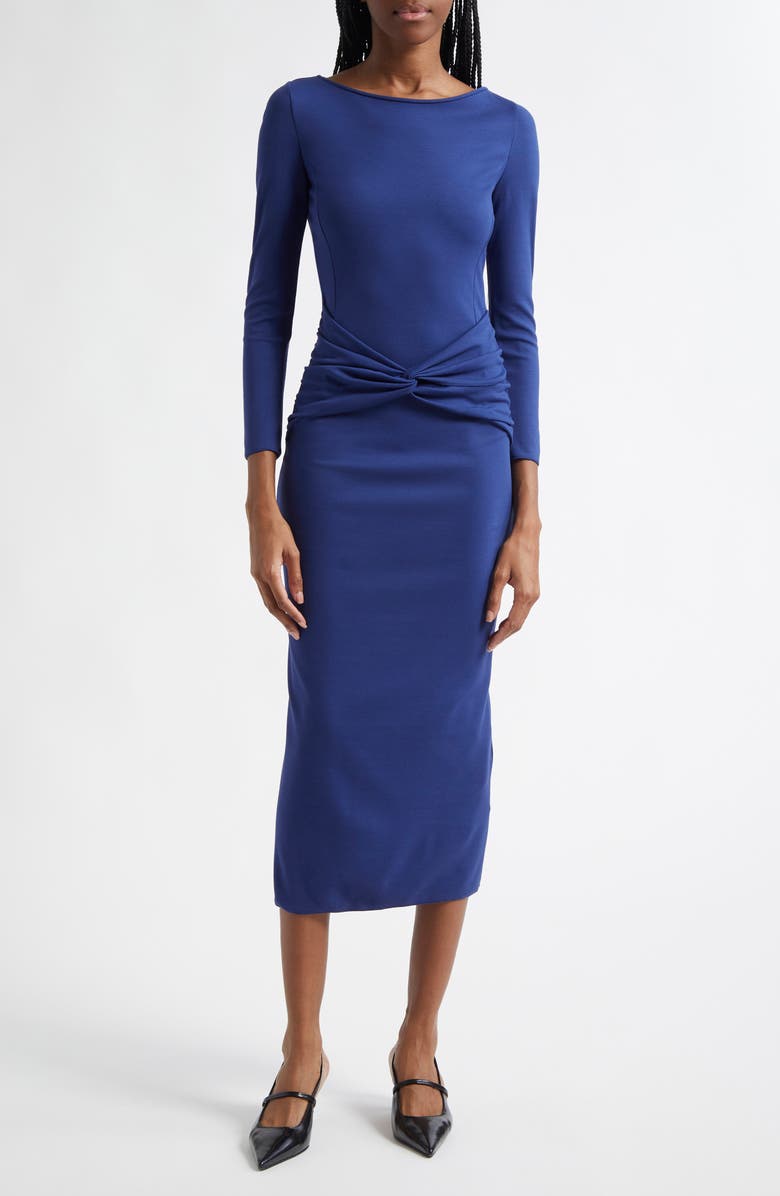 Emporio Armani Punto Milano Gathered Waist Long Sleeve Maxi Dress, Main, color, Cobalt Blue