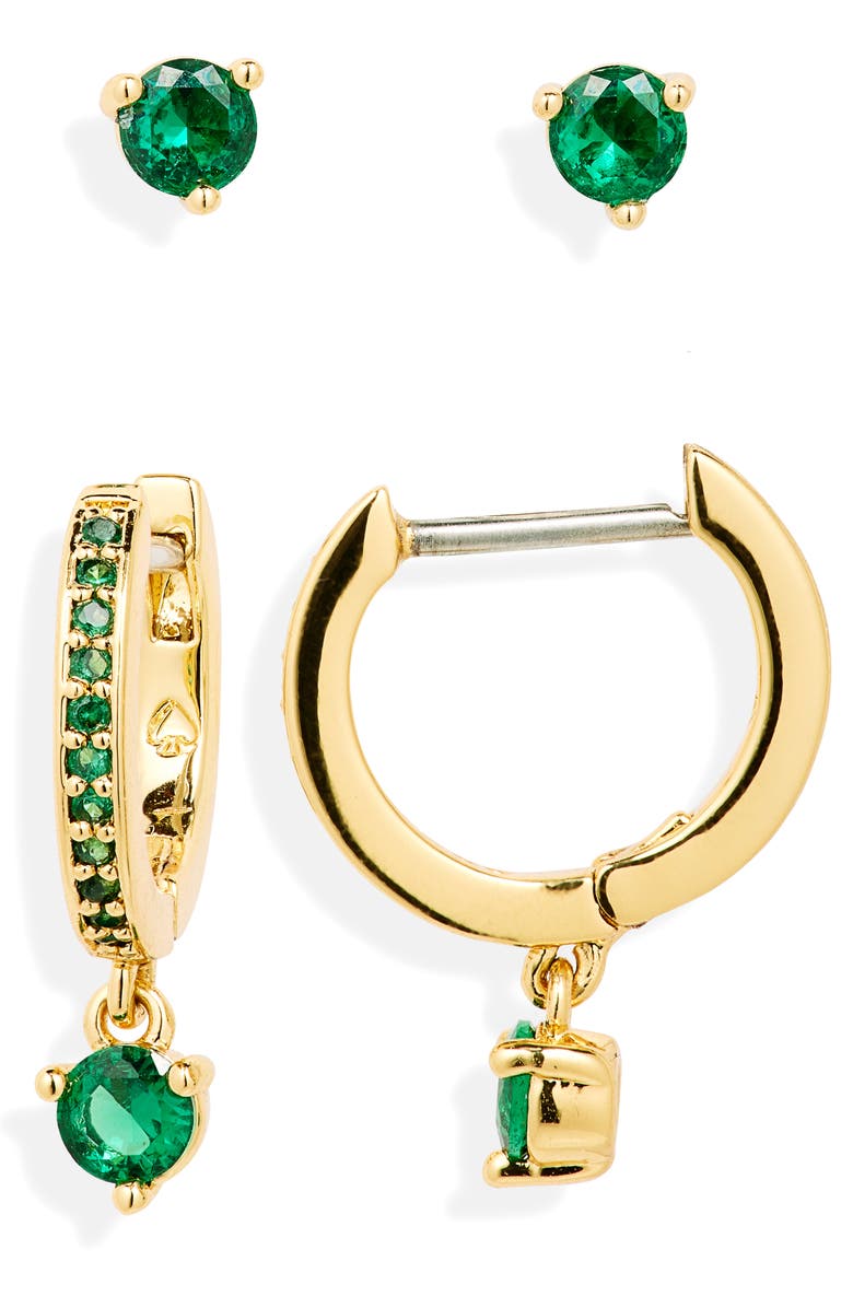 Kate Spade New York tiny twinkles set of 2 stud & huggie hoop earrings, Main, color, Emerald Gold