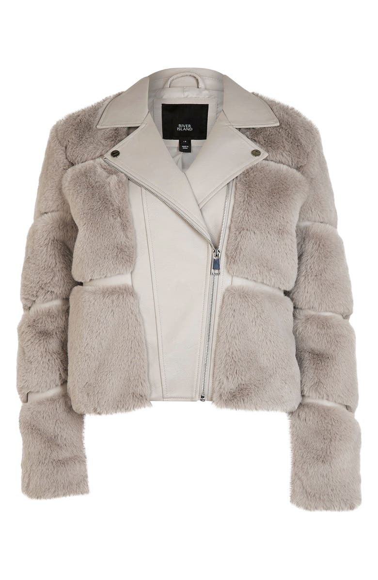 River Island Faux Fur & Faux Leather Moto Jacket, Alternate, color, 