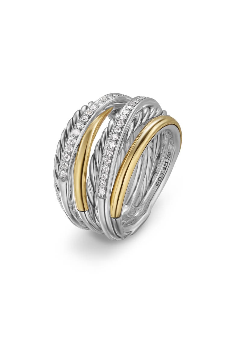 Crossover Seven-Row Ring in Sterling Silver with 18K Yellow Gold & Diamonds, 16mm, Alternate, color, STERLING SILVER AND 18K GOLD