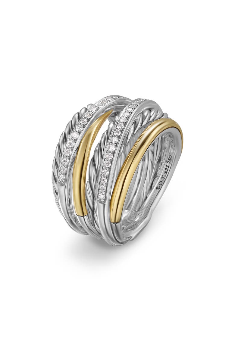 David Yurman Crossover Seven-Row Ring in Sterling Silver with 18K Yellow Gold & Diamonds, 16mm, Alternate, color, Sterling Silver And 18K Gold