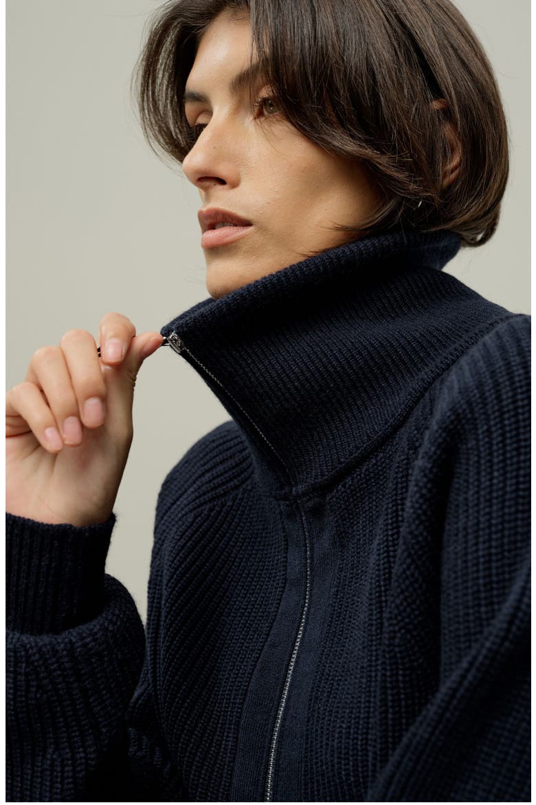 Women's Ribbed-knit Turtleneck Zip Cardigan, Alternate, color, Navy Blue