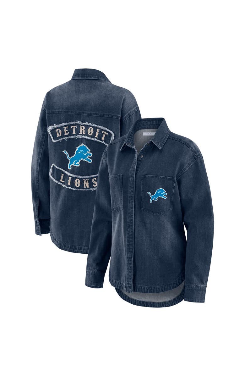 WEAR by Erin Andrews Women's WEAR by Erin Andrews Denim Detroit Lions Washed Oversized Denim Full-Snap Shacket, Main, color, Denim