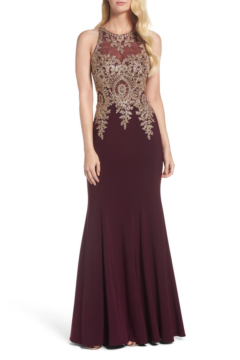 Xscape Embroidered Mermaid Gown, Main, color, WINE/ GOLD