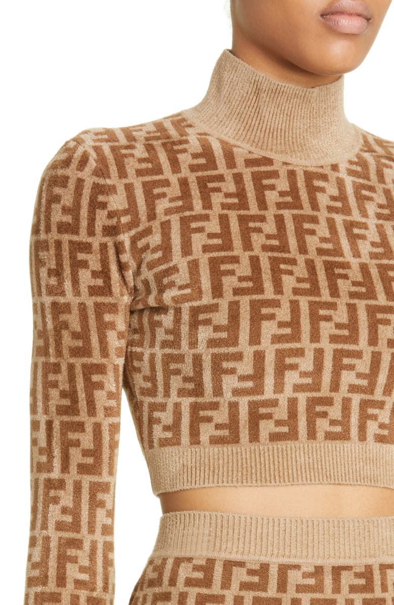 Fendi FF Monogram Mock Neck Velvet Cop Sweater, Alternate, color,