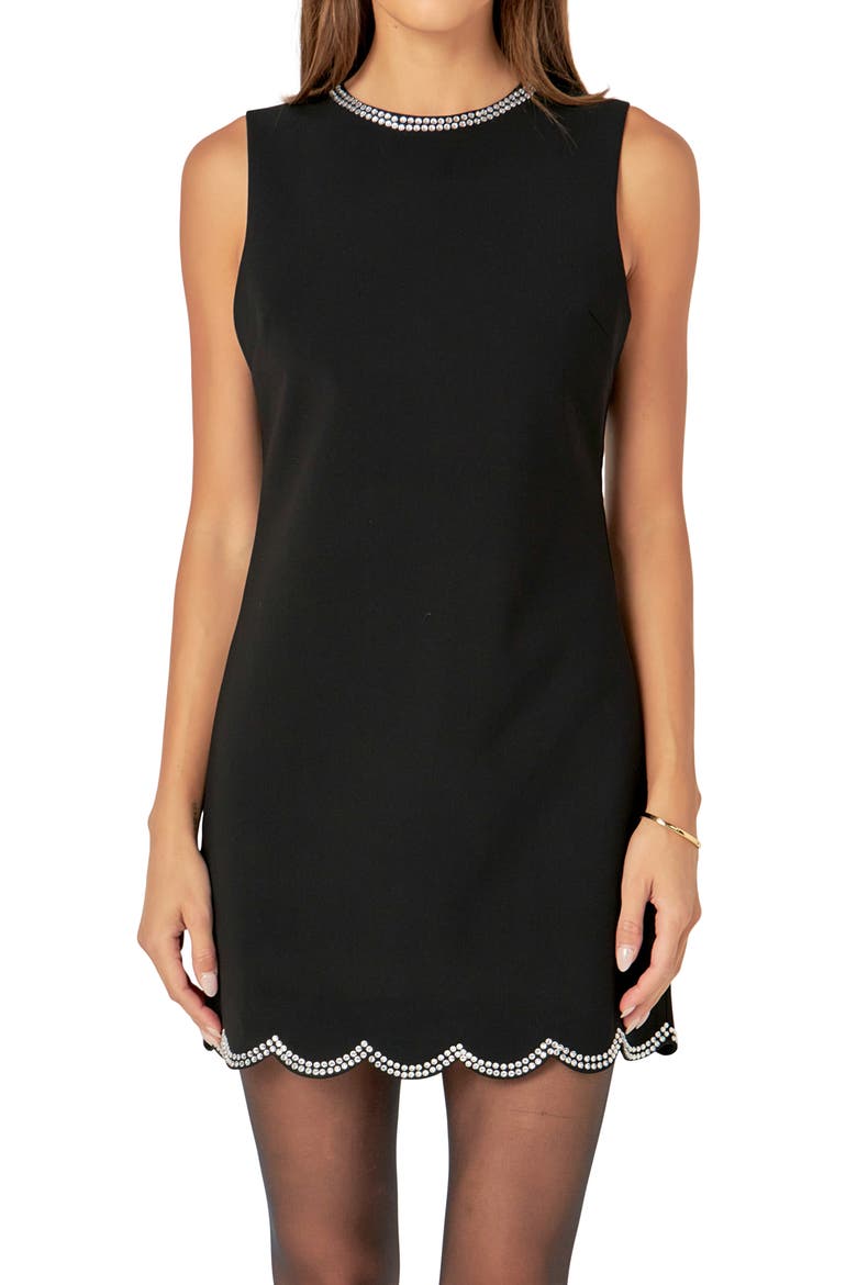 Rhinestone Scallop Sleeveless Minidress, Alternate, color, BLACK