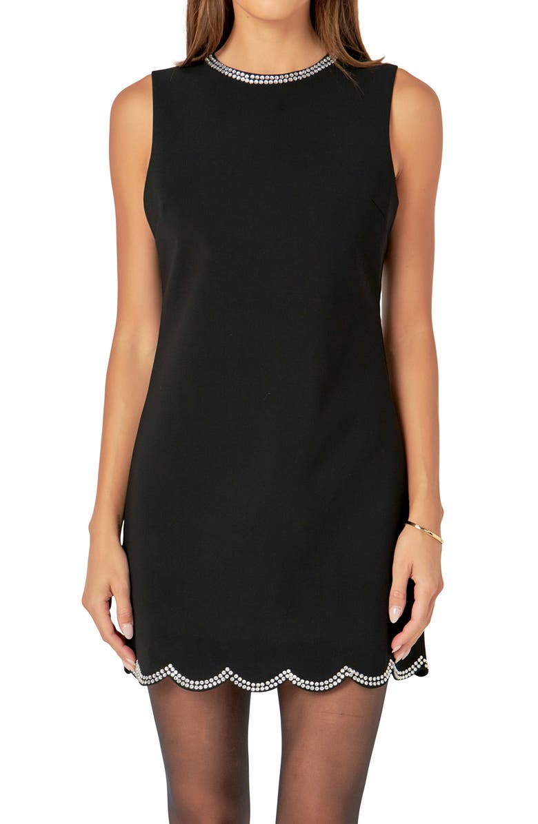 English Factory Rhinestone Scallop Sleeveless Minidress, Alternate, color, Black