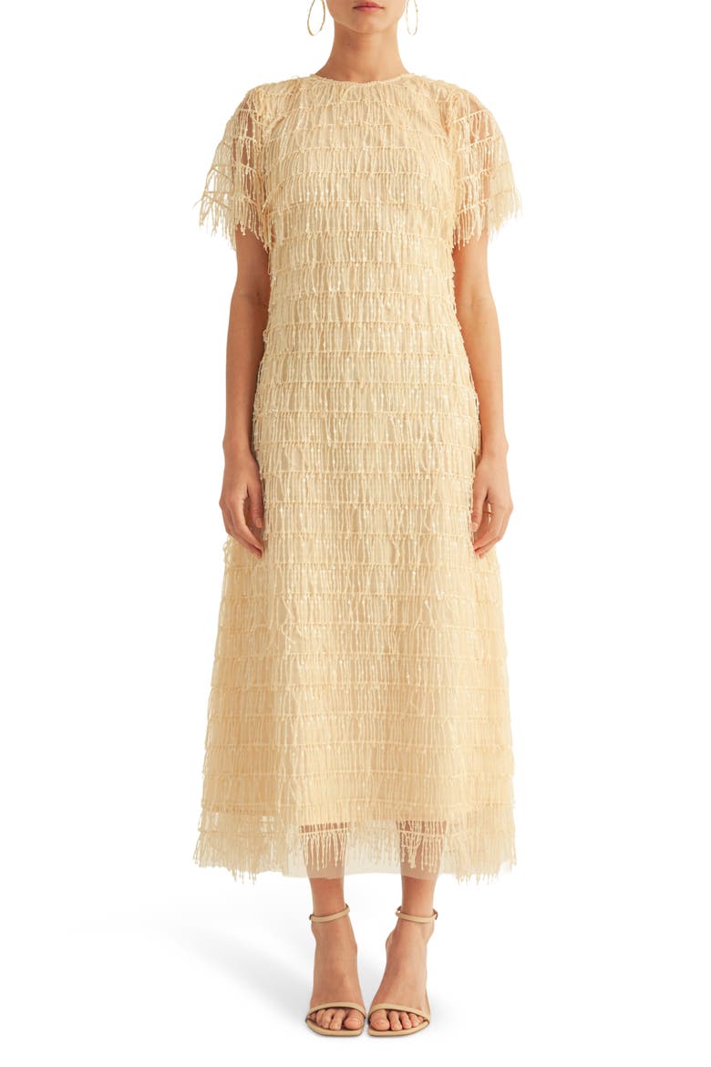 Treazure Sequin Fringe Cocktail Midi Dress, Main, color, CHAMPAGNE