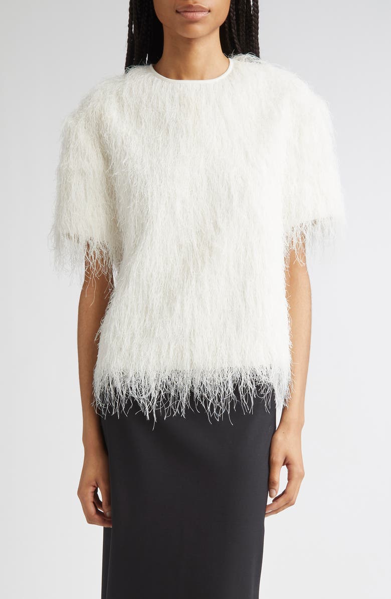 LOULOU DE SAISON Zaro Short Sleeve Fringe Top, Main, color, White