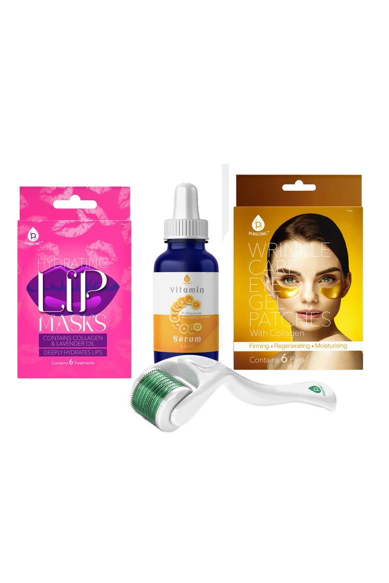 Vitamin C Serum, Eye Gel Patches, Hydrating Lip Masks, and Micro Needle Derma Roller, Main, color, Multicolor
