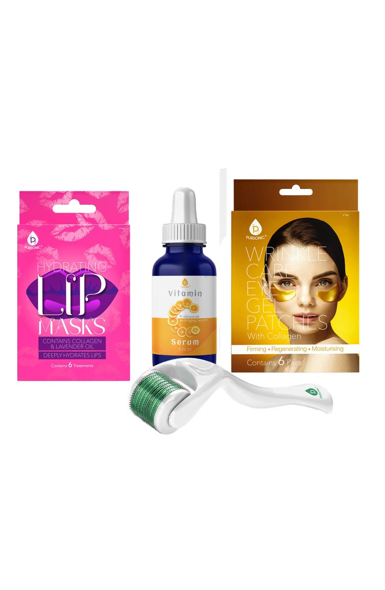 PURSONIC Vitamin C Serum, Eye Gel Patches, Hydrating Lip Masks, and Micro Needle Derma Roller, Main, color, Multicolor