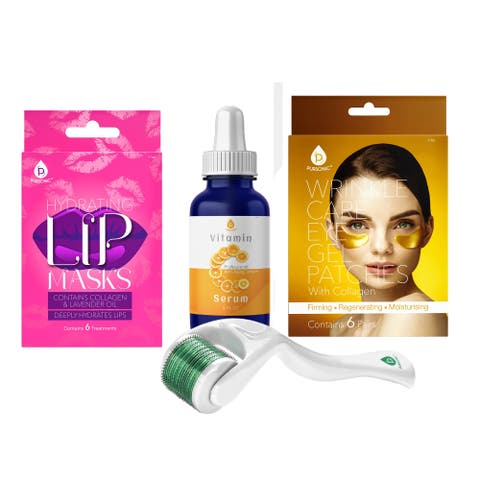 Vitamin C Serum, Eye Gel Patches, Hydrating Lip Masks, and Micro Needle Derma Roller