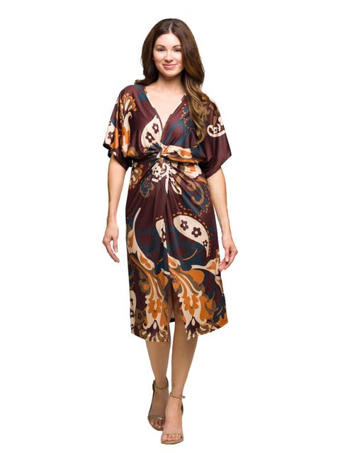 Short Sleeve Knot Front Midi Dress in Paisley Print