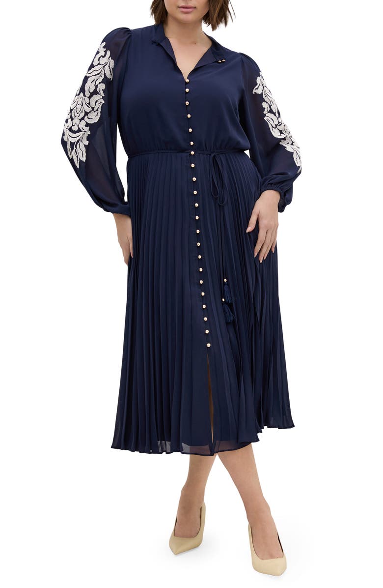 City Chic Adorn Pleated Long Sleeve Maxi Dress, Main, color, Navy