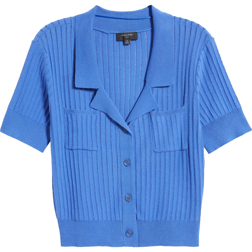 Tahari Asl Plus Size Short-sleeve Pointelle Cardigan In Pacific Blue