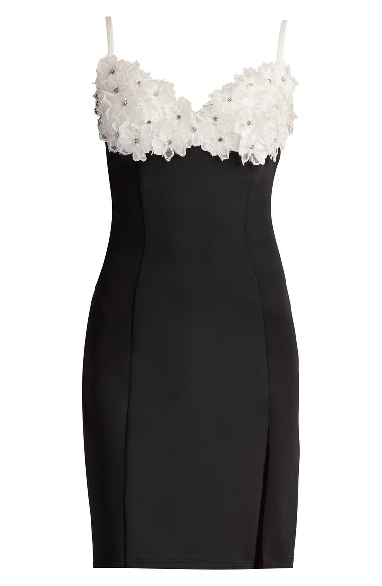 SHO by Tadashi Shoji 3-D Floral Bodice Mixed Media Cocktail Dress, Alternate, color, Black/ White