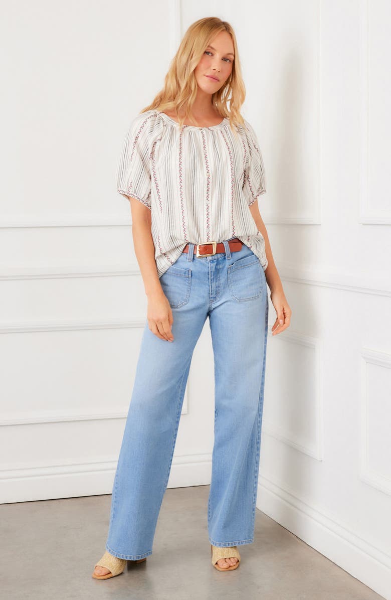 Karen Kane Stripe & Embroidery Peasant Top, Alternate, color, Natural