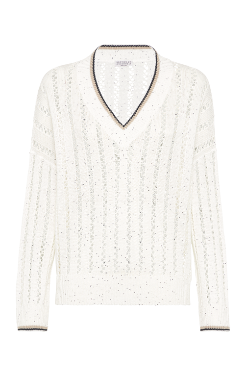 Brunello Cucinelli Perforated Linen Sweater With Sequins In White