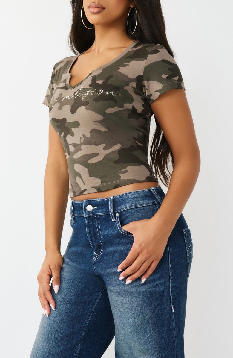 True Religion Rhinestone Logo Camo Print Crop T-Shirt, Alternate, color, Camo