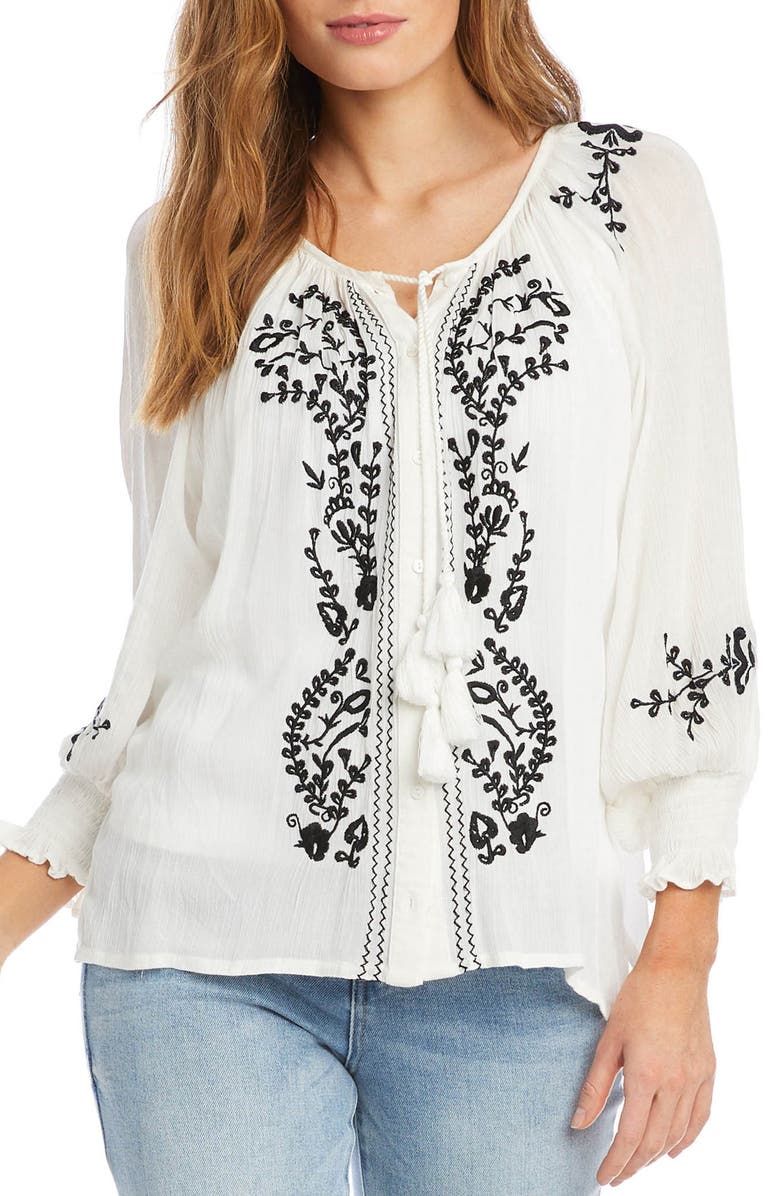 Karen Kane Embroidered Tie Neck Button-Up Peasant Top, Main, color, 