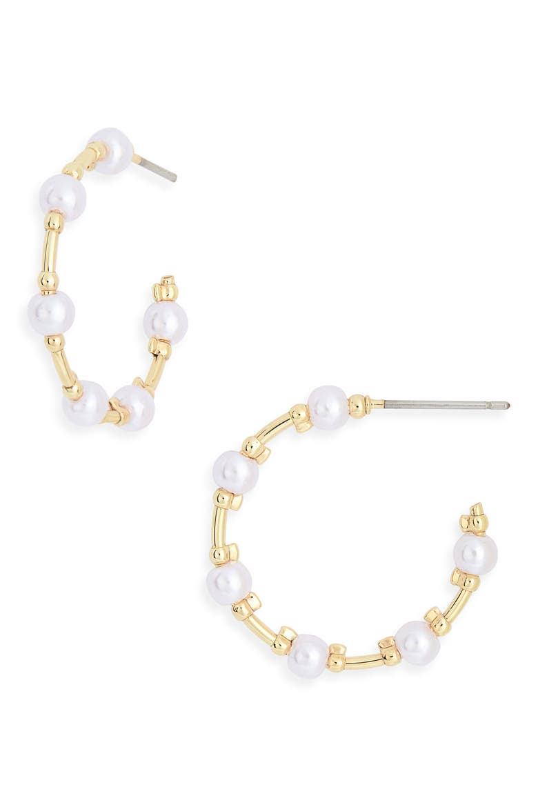 Faux Pearl Beaded Station Hoop Earrings, Main, color, WHITE- GOLD