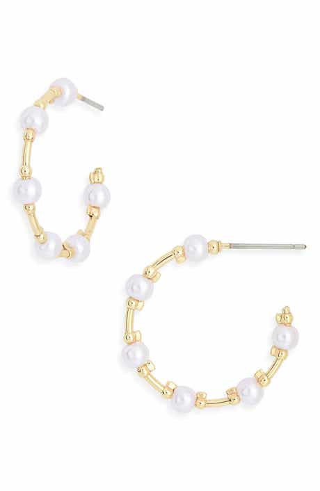 NORDSTROM RACK Faux Pearl Beaded Station Hoop Earrings