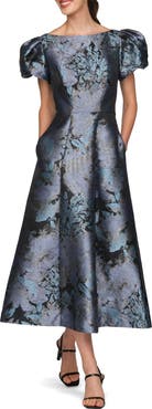 Kay Unger Jennifer Metallic Puff Sleeve Tea Length Dress