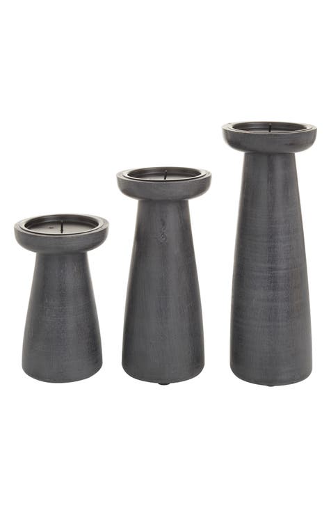 Dark Gray Mango Wood Pillar Candle Holder - Set of 3