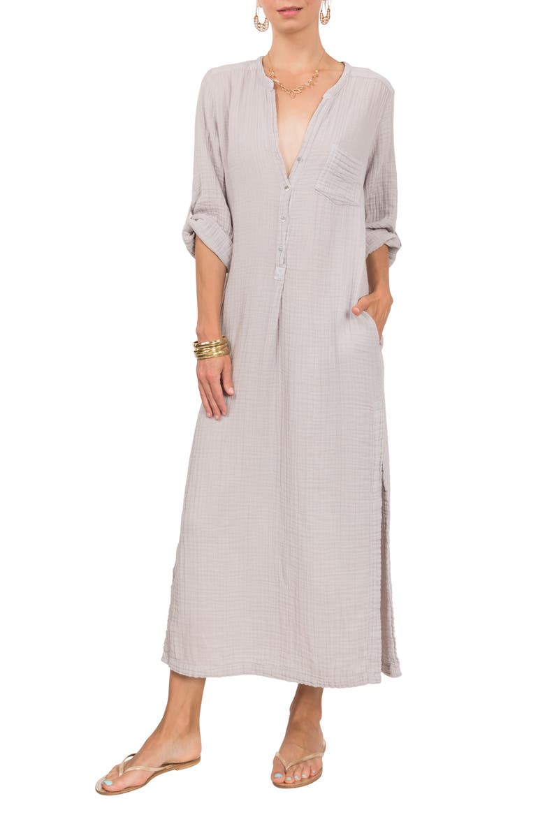 Button Front Cotton Gauze Caftan, Main, color, LT. GREY