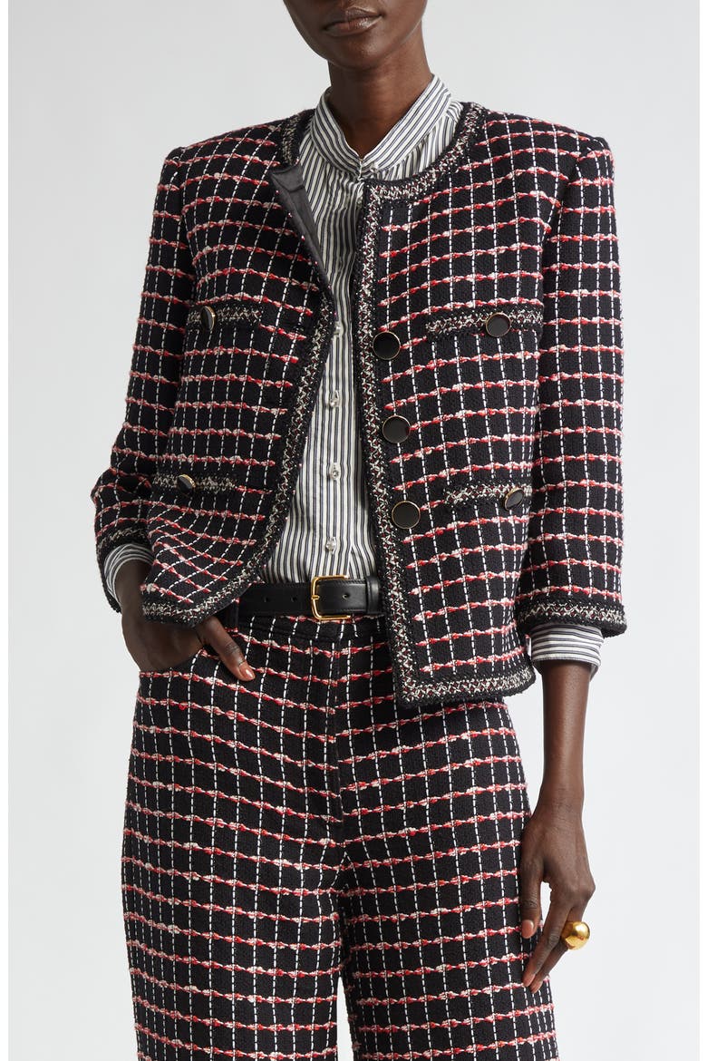 Windowpane Check Mixed Media Crop Jacket, Main, color, BLACK/ HAUTE RED/ PEARL MULTI